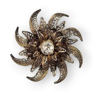 Vintage Flower Sterling Filigree Brooch Vermeil Rhinestone Portugal 925 Silver